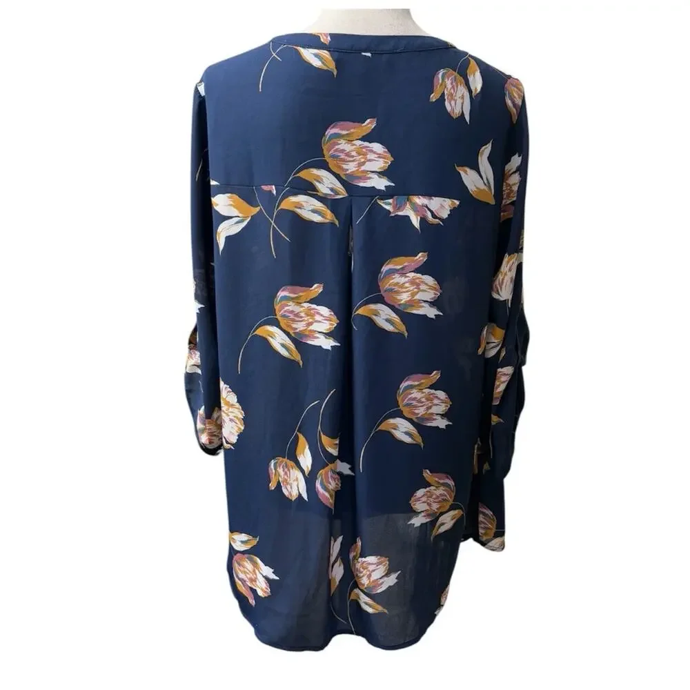 Daniel Rainn Dark Blue Floral Sheer Blouse 1X - Picture 2 of 3